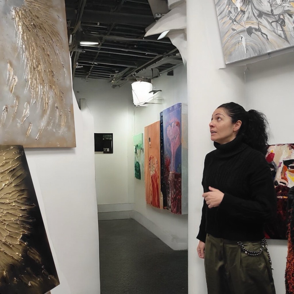 Claudia Ottone osserva le opere esposte lungo un corridoio durante l’allestimento di Medium Art Experience.